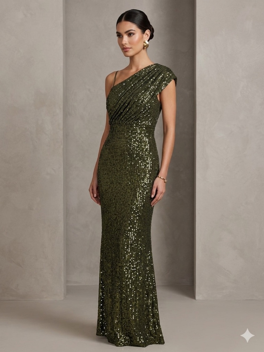 Vince Camuto One-Shoulder Sequin Evening Gown in Olive Gold